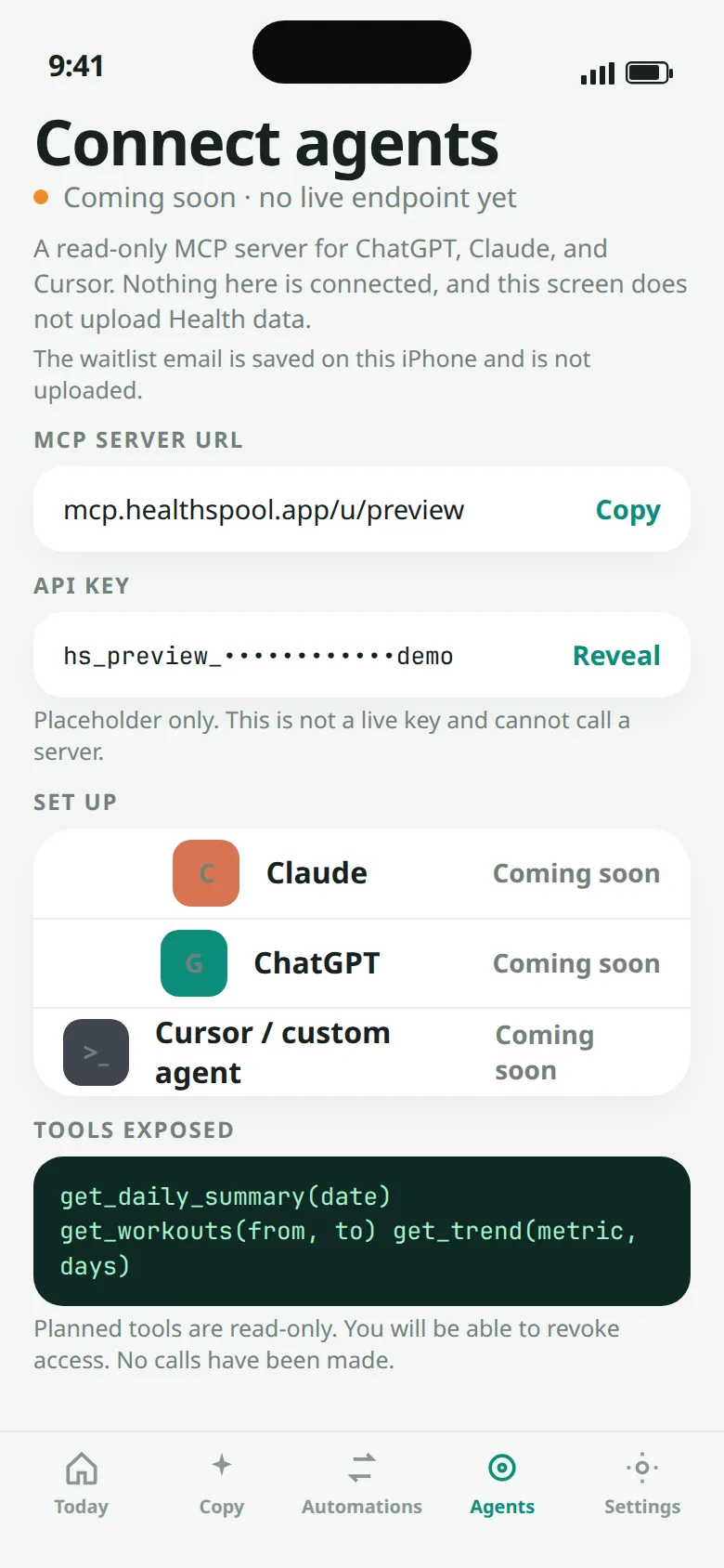 Connect agents screen marked coming soon, with a placeholder MCP address and planned read-only tools.
