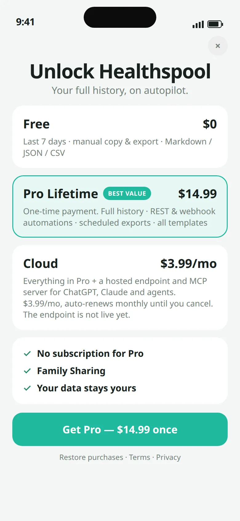 In-app plans: Free, Pro Lifetime at $14.99, and Cloud at $3.99 per month, with a note that the Cloud endpoint is not live yet.